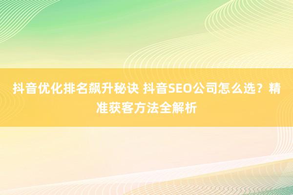 抖音优化排名飙升秘诀 抖音SEO公司怎么选？精准获客方法全解析