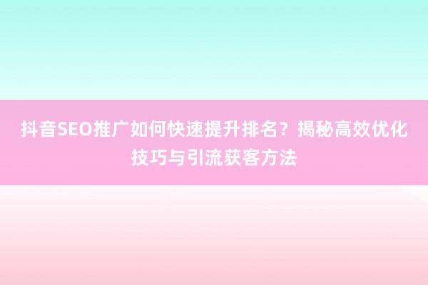 抖音SEO推广如何快速提升排名？揭秘高效优化技巧与引流获客方法