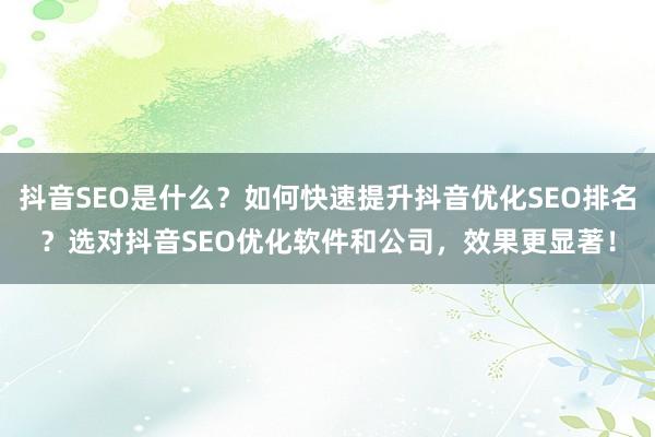 抖音SEO是什么？如何快速提升抖音优化SEO排名？选对抖音SEO优化软件和公司，效果更显著！