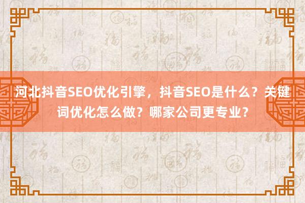 河北抖音SEO优化引擎，抖音SEO是什么？关键词优化怎么做？哪家公司更专业？